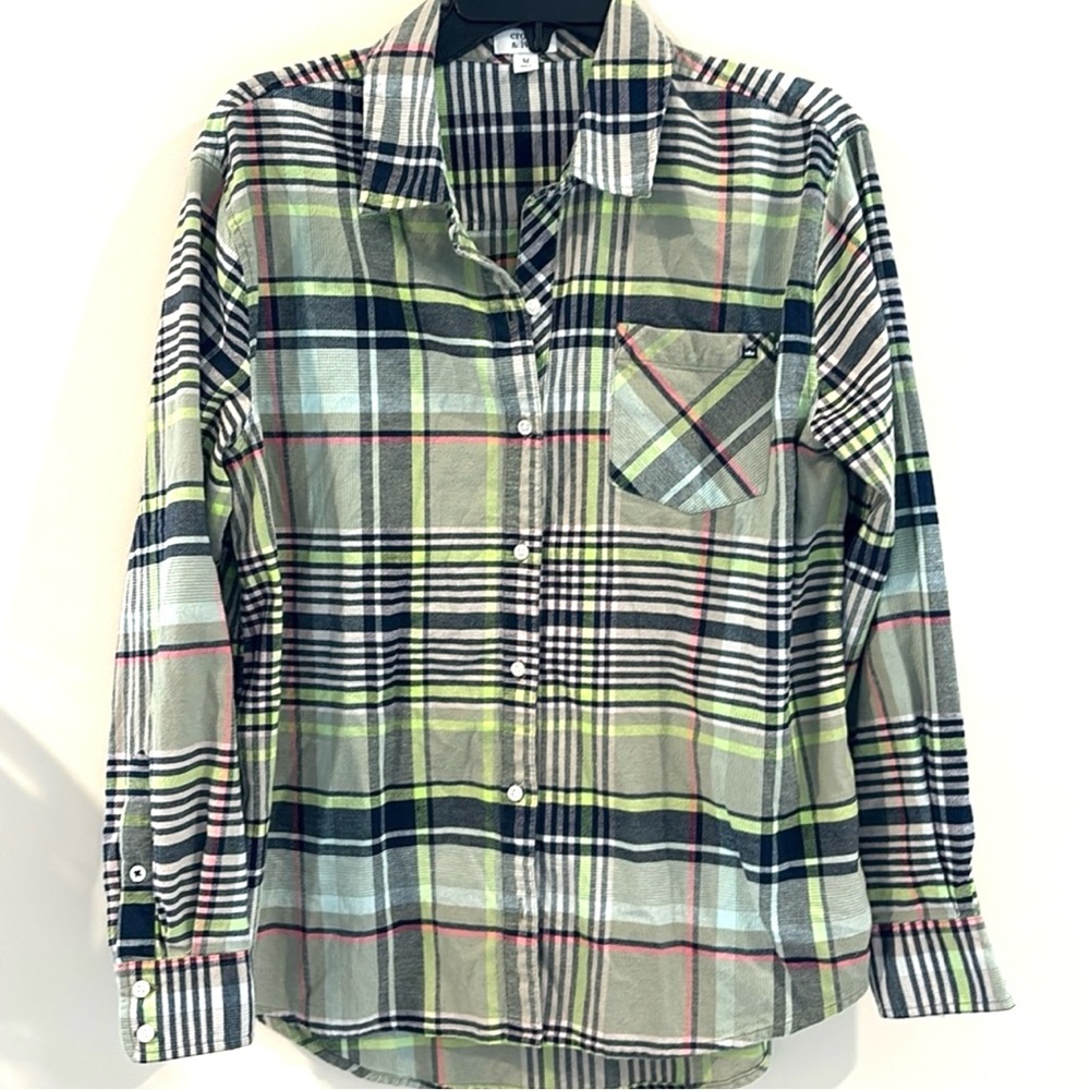 Crown & Ivy Plaid Oxford Button Down Lime Green., White, Blue Shirt Size Medium